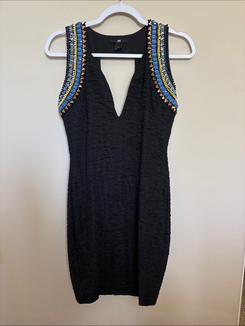 H&M Stretch Blk Mini Dress w Blue & Gold Beaded Shoulder Detail & Plunge Neck